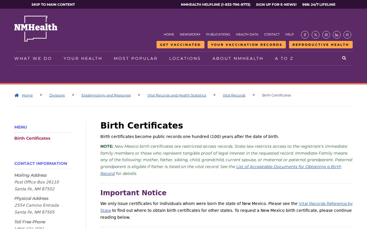 Albuquerque residents directory New Mexico birth records access information