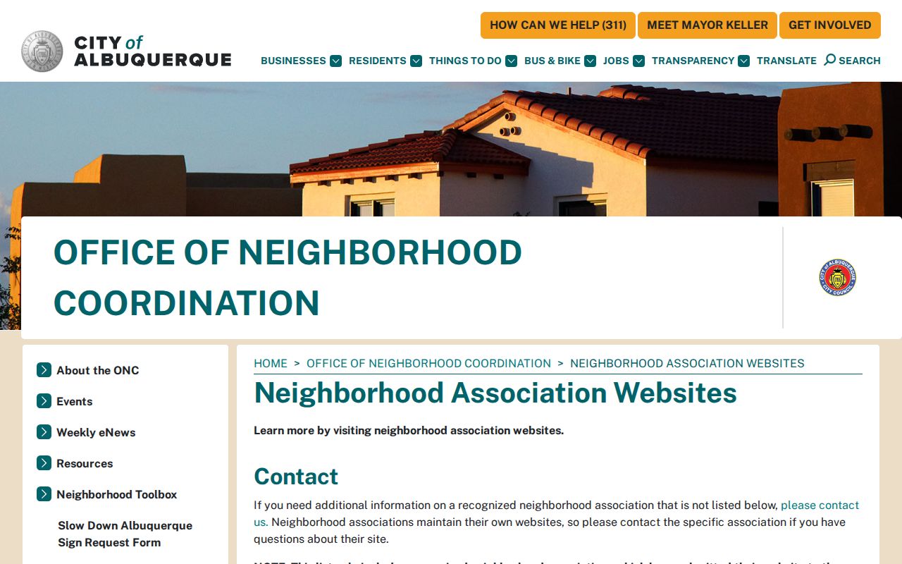 Albuquerque neighbors screenshot of the City neighborhood websites directory