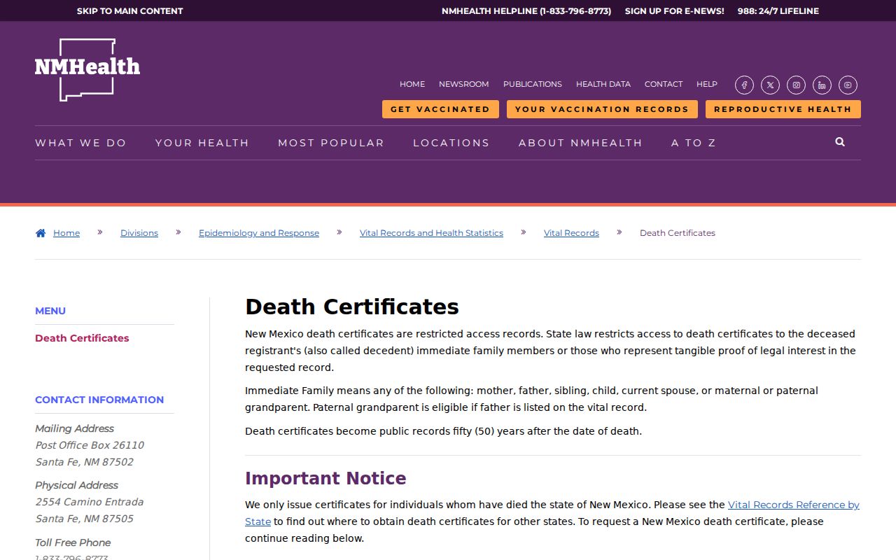 Albuquerque previous residents New Mexico death records
