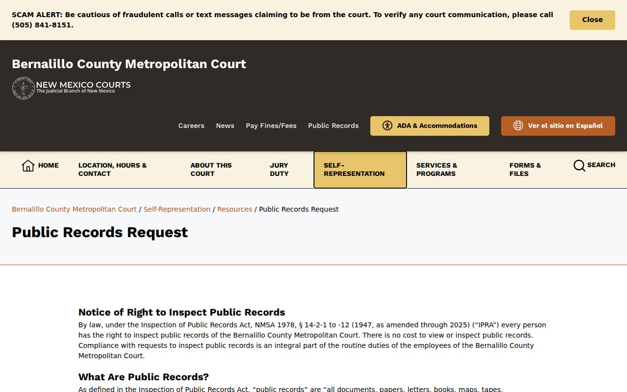 Albuquerque resident lookup screenshot of the Metropolitan Court public-records request page